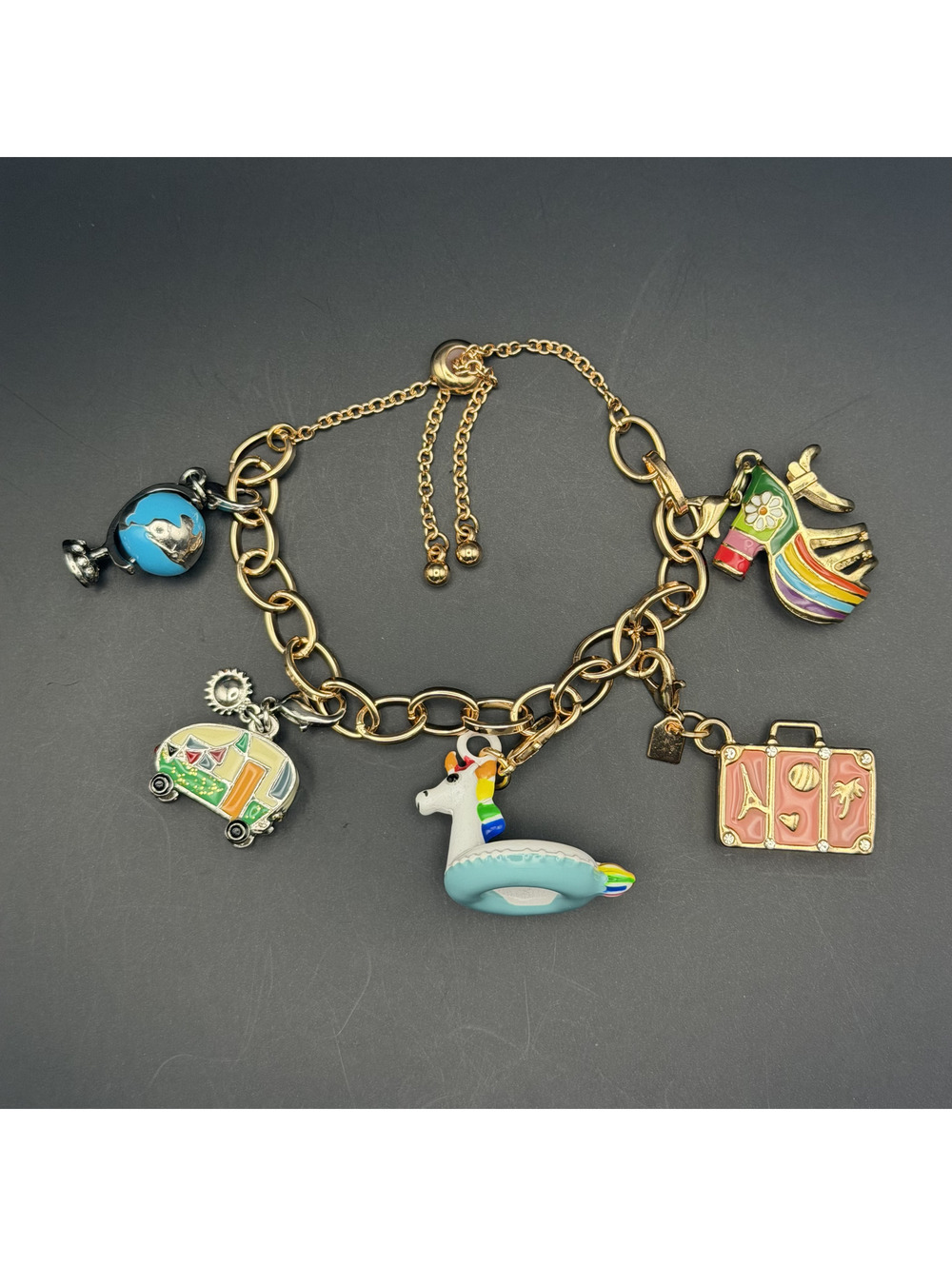 Gold Tone Charm Bracelet with Retro Whimsical Charms